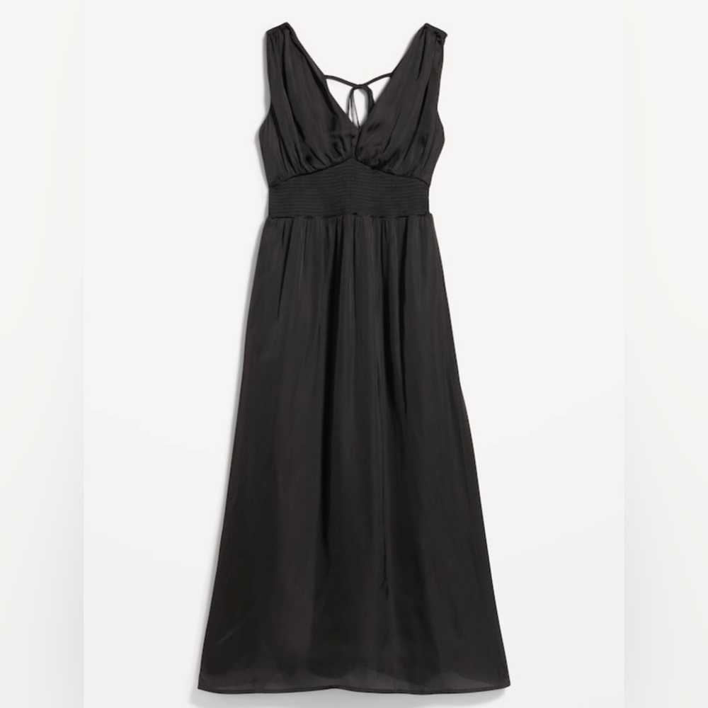 NWT! Black Waist-Defined Tie-Back Satin Maxi Dress - Multiple Sizes 💛 - Picture 3 of 7